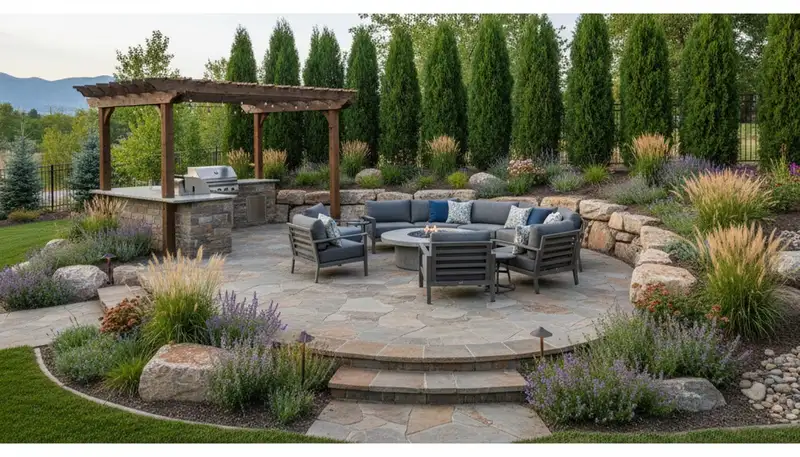 Backyard entertainment landscape design with patio and lighting by Chop Chop Landscaping in Littleton, CO