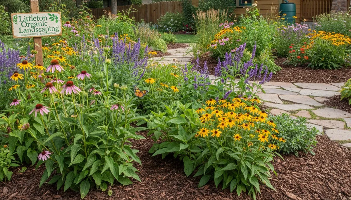 Organic landscape beds with natural mulch and lush plants in Littleton, CO by Chop Chop Landscaping