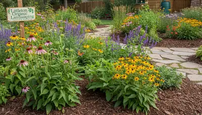 Organic landscape beds with natural mulch and lush plants in Littleton, CO by Chop Chop Landscaping