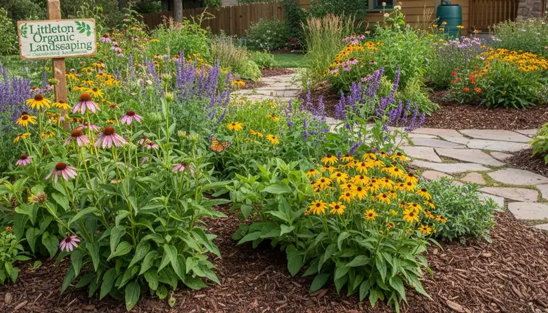 Organic landscape beds with natural mulch and lush plants in Littleton, CO by Chop Chop Landscaping