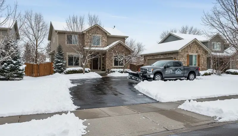Cleared residential driveway after professional snow removal by landscaping experts in Littleton, CO