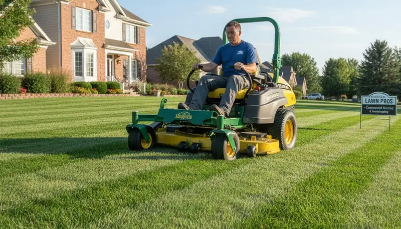 Commercial lawn mower creating precise stripes on well-kept lawn in Littleton, CO landscaping service