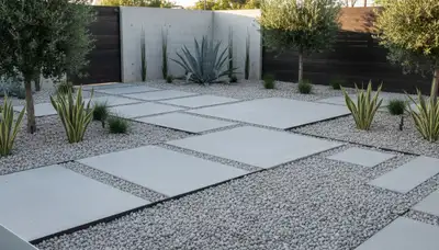 Modern pea gravel landscaping with geometric design in Littleton CO by Chop Chop Landscaping
