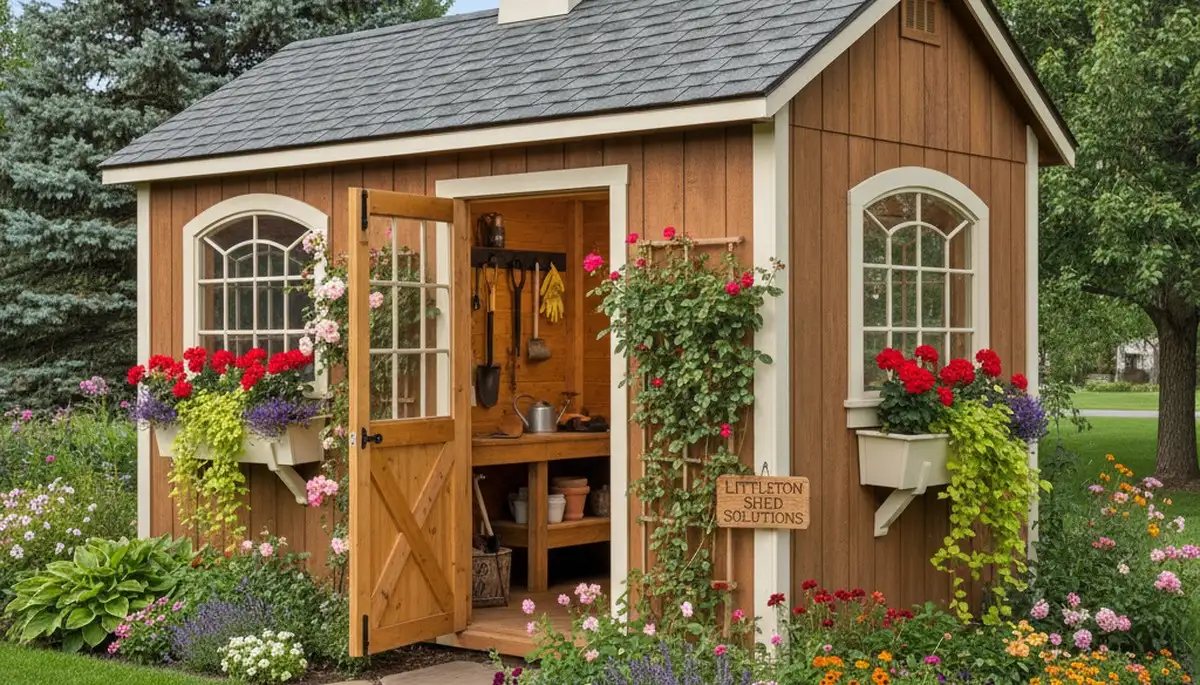 Decorative garden shed with landscaping and pathway installed by Chop Chop Landscaping in Littleton, CO