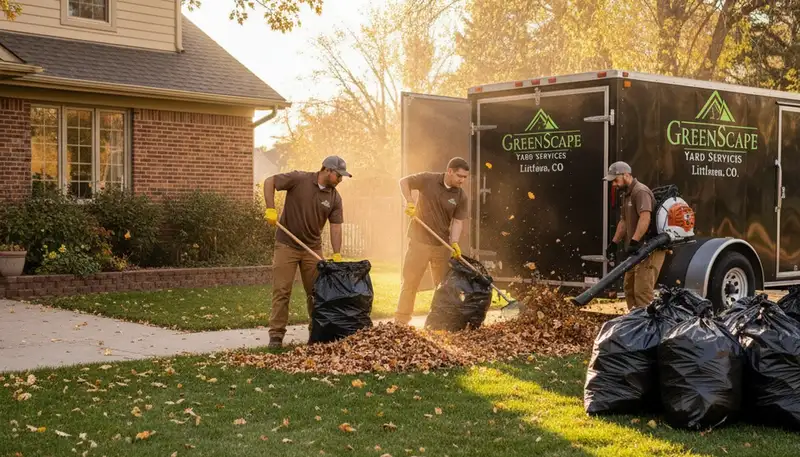 Professional landscapers performing fall leaf removal and yard clean up in Littleton, Colorado