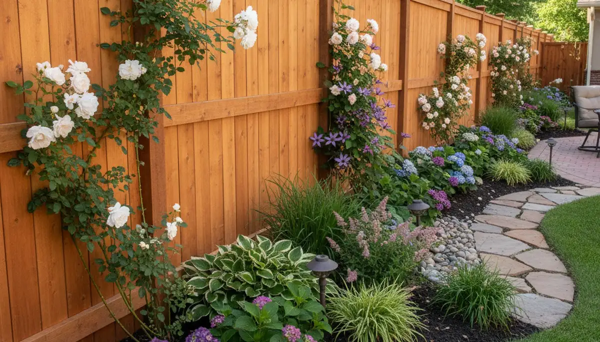 Modern wood fence with climbing plants and landscape beds in a Littleton CO residential garden