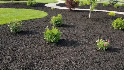 Fresh mulch installation in Littleton, CO showcasing clean, even landscape beds by expert landscapers