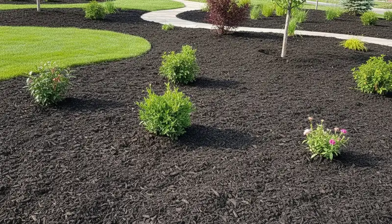 Fresh mulch installation in Littleton, CO showcasing clean, even landscape beds by expert landscapers