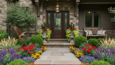 Front yard landscape design with colorful flowers and shrubs enhancing curb appeal in Littleton, CO