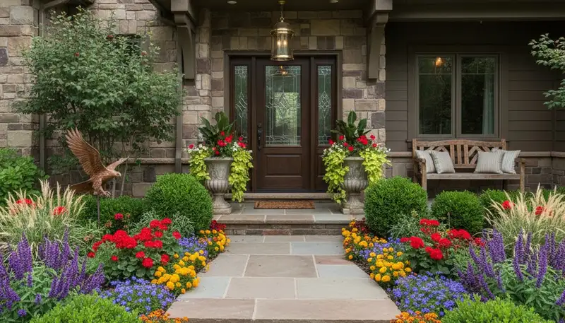 Front yard landscape design with colorful flowers and shrubs enhancing curb appeal in Littleton, CO