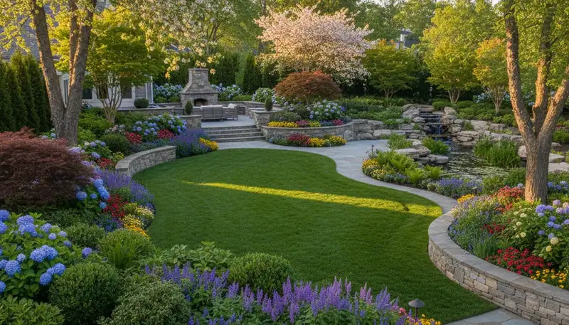 Full property landscape transformation with layered plantings and hardscape in Littleton, CO
