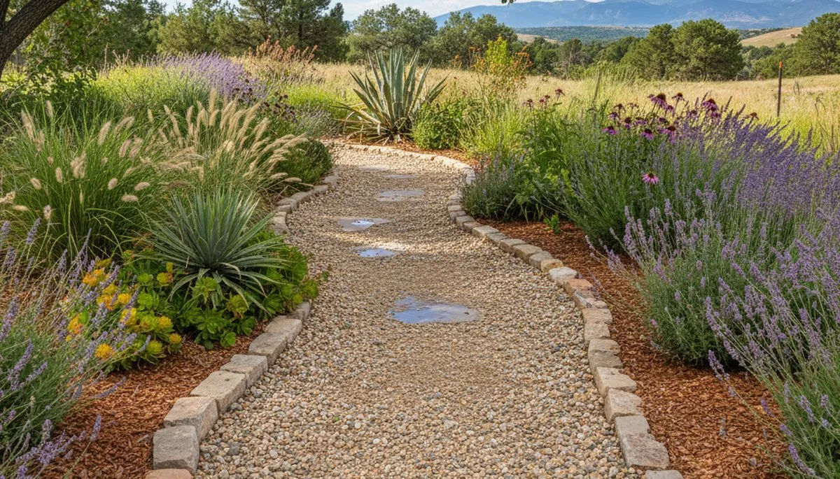 Pea gravel garden path with defined edging in Littleton, CO landscape by Chop Chop Landscaping