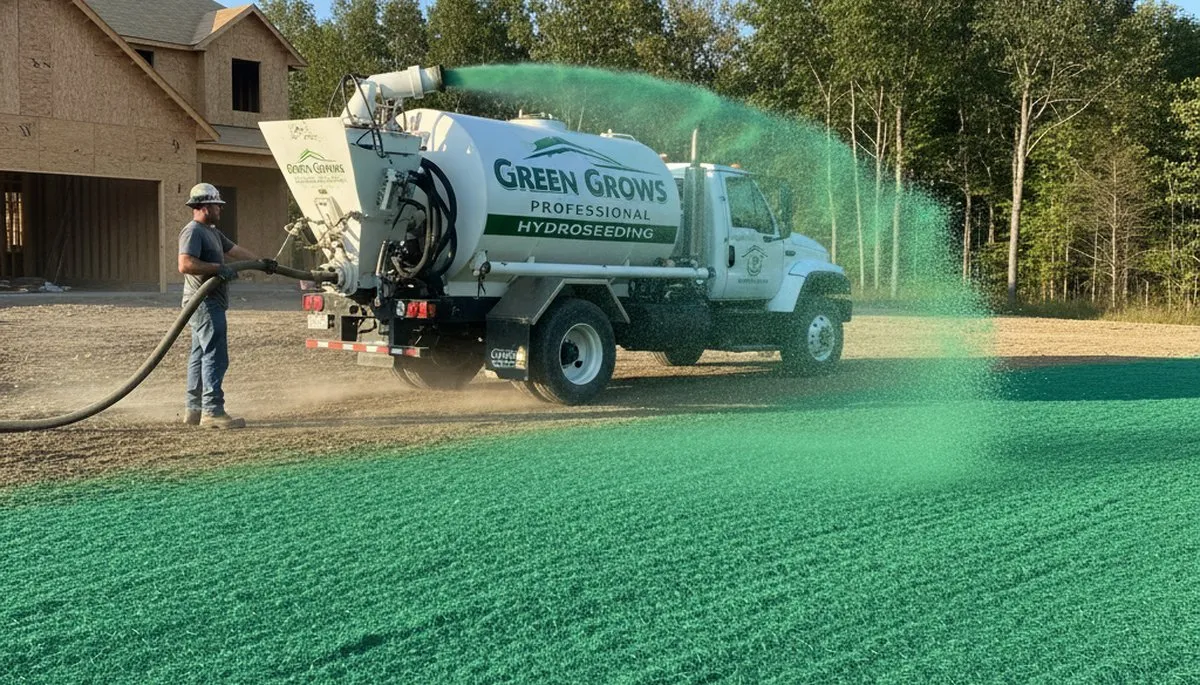 Hydroseeder truck spraying green slurry for new lawn installation in Littleton, CO landscaping project
