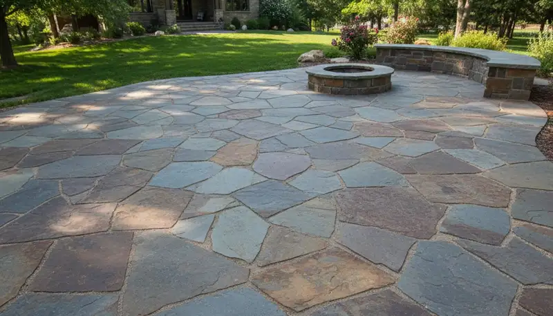 Modern stone slab patio installation by professional landscapers in Littleton, CO