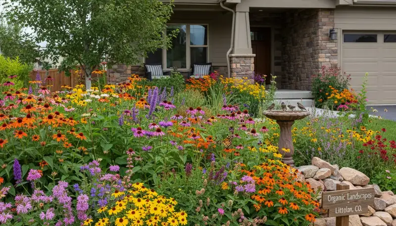 Native pollinator garden with bee and butterfly plants by organic landscapers in Littleton, CO