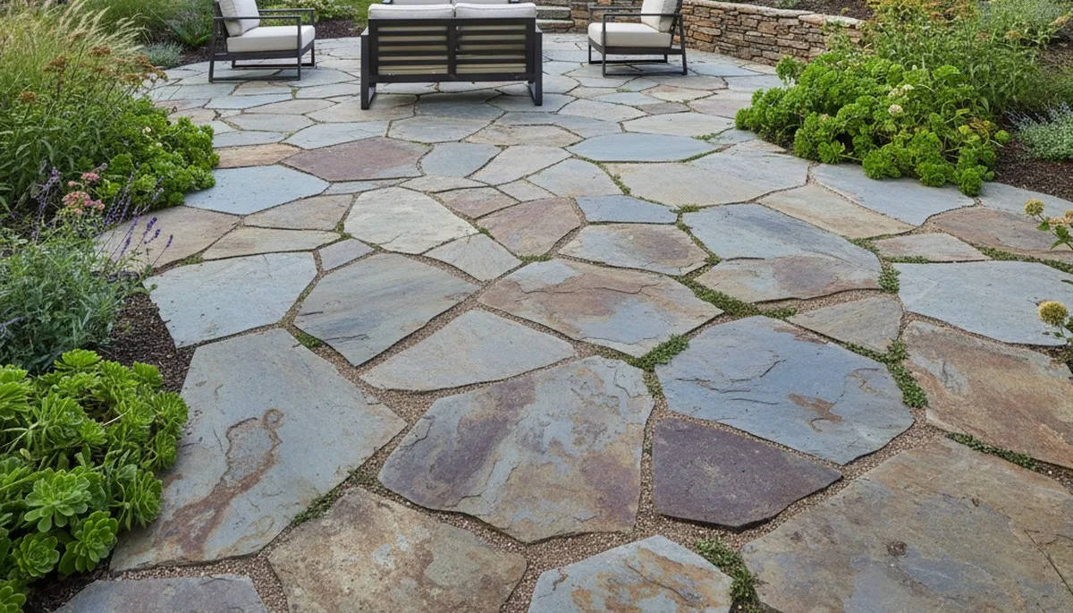 Natural flagstone patio installation with irregular stone pavers by landscaping experts in Littleton, CO