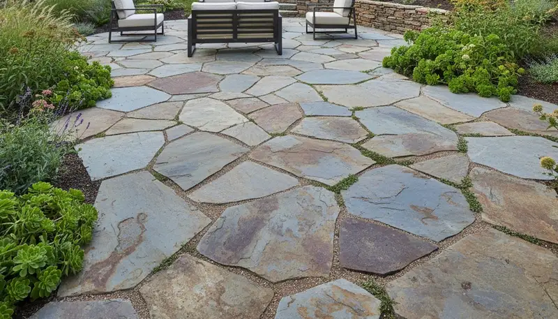 Natural flagstone patio installation with irregular stone pavers by landscaping experts in Littleton, CO