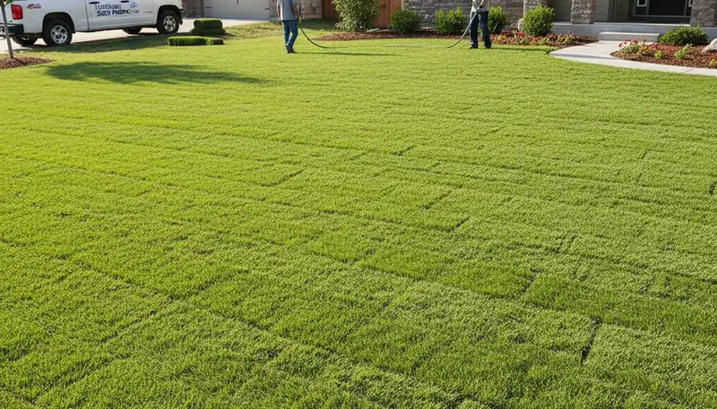 Freshly installed green sod lawn after professional landscaping in Littleton, CO