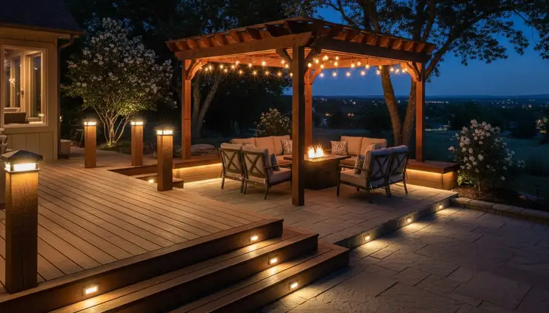 Evening patio and deck lighting installation by Chop Chop Landscaping in Littleton, CO
