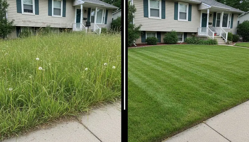 Before and after lawn mowing transformation by Chop Chop Landscaping in Littleton, CO