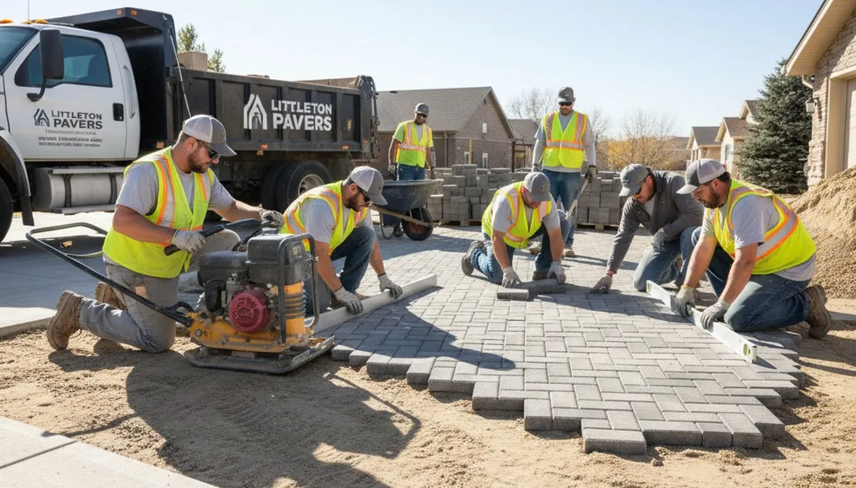 Crew installing driveway pavers in Littleton, CO with professional landscaping base prep and leveling