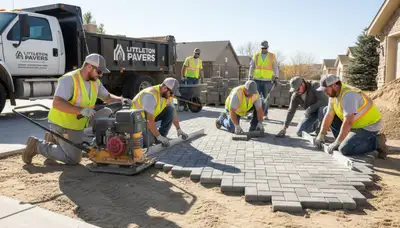 Crew installing driveway pavers in Littleton, CO with professional landscaping base prep and leveling