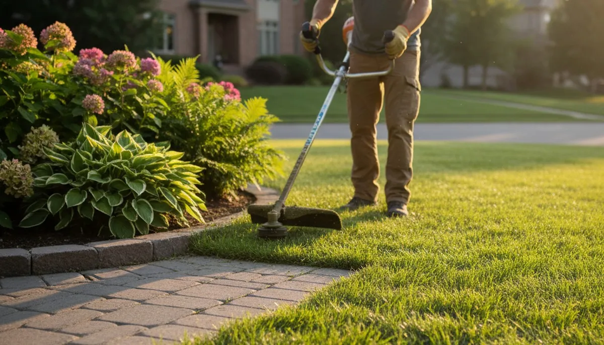 Technician edging garden beds with string trimmer for clean lawn borders in Littleton, CO