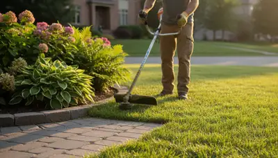 Technician edging garden beds with string trimmer for clean lawn borders in Littleton, CO