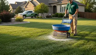 Lawn care technician applying fertilizer with spreader on residential turf in Littleton, CO