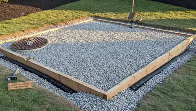 Professional shed foundation preparation with leveled gravel base in Littleton, CO landscaping project
