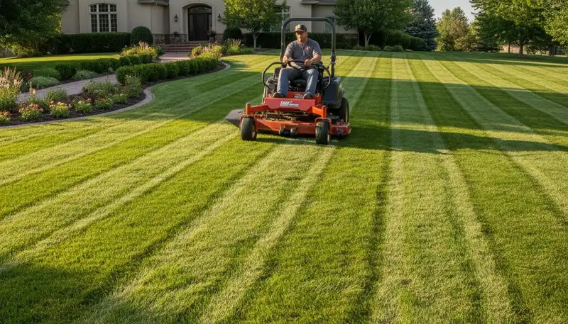 Precision lawn mowing with clean striping and edged borders by Chop Chop Landscaping in Littleton, CO
