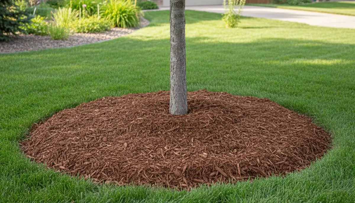 Professional tree ring mulch installation around tree base in Littleton, CO landscape