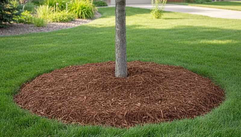 Professional tree ring mulch installation around tree base in Littleton, CO landscape