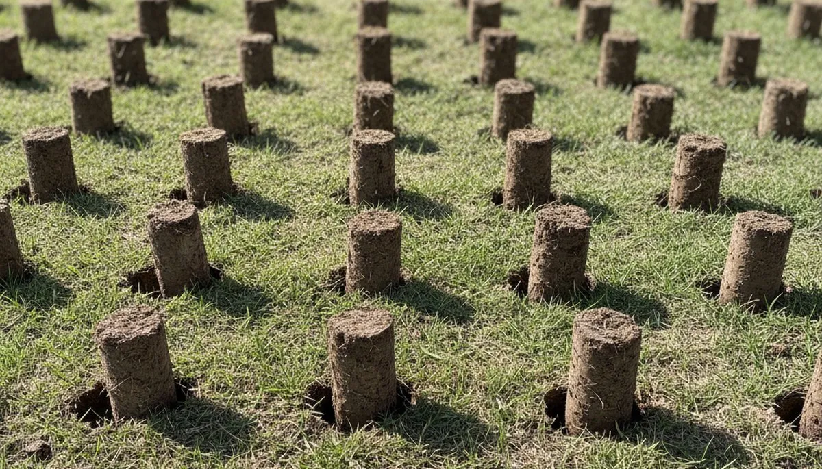 Close-up of soil core plugs after lawn aeration on healthy turf in Littleton, CO by Chop Chop Landscaping