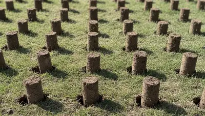 Close-up of soil core plugs after lawn aeration on healthy turf in Littleton, CO by Chop Chop Landscaping