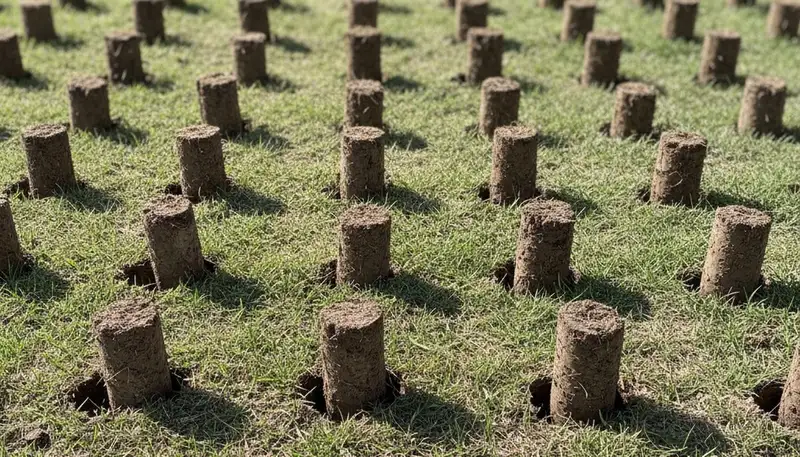 Close-up of soil core plugs after lawn aeration on healthy turf in Littleton, CO by Chop Chop Landscaping