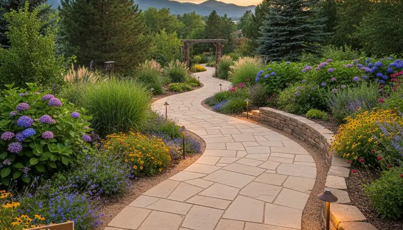 Curved stone paver pathway through landscaped yard by Chop Chop Landscaping in Littleton, CO