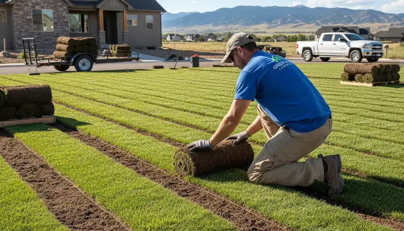 Professional landscaper laying sod rolls with precise seams in Littleton, CO lawn installation project