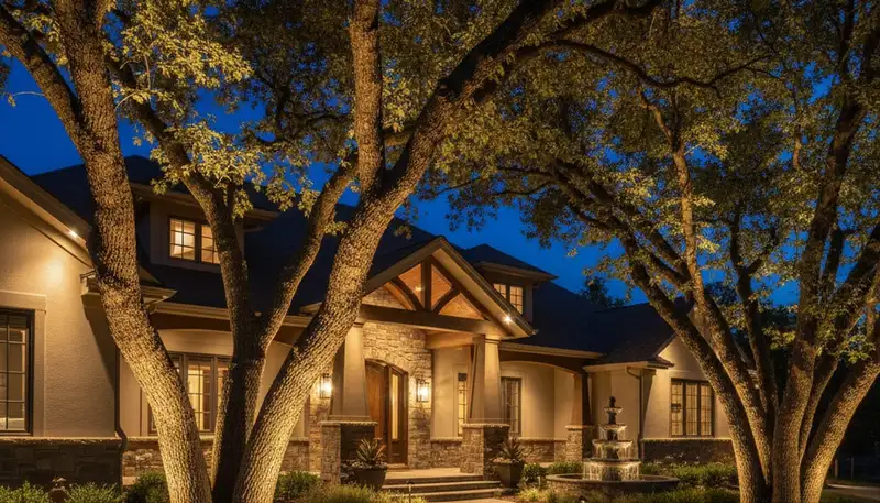 Mature trees lit with professional uplighting at night by Chop Chop Landscaping in Littleton, CO
